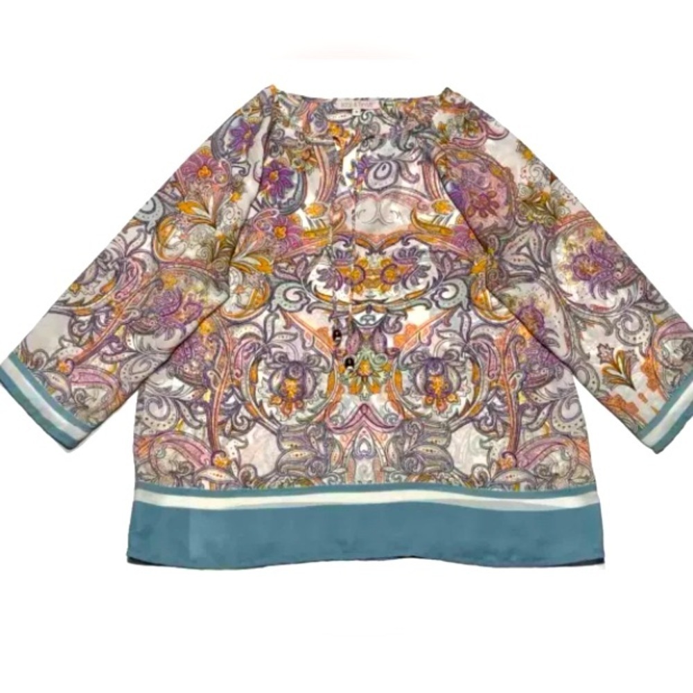 Rose & thyme tunic printed boho beaded tassel glam holiday pink gold paisley